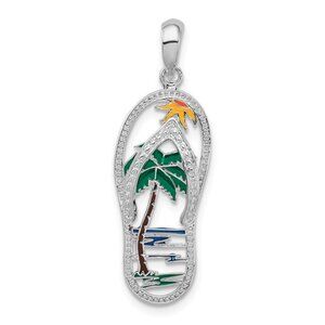 Sterling Silver Flip-Flop Charm Beach Scene Enamel with chain